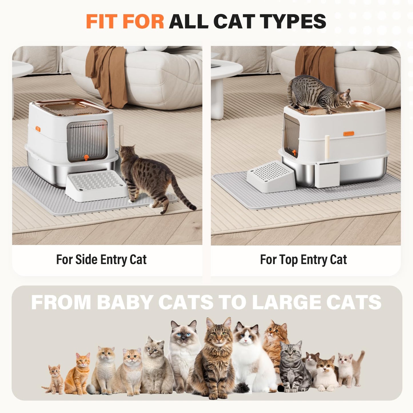 HTii-ë® Stainless Steel Cat Litter Box, Extra Large Box for Cats, Enclosed Metal Kitty Litter Box with Litter Scooper, Odor-Urine-Proof, Non-Sticky, Easy Rinse Cleaning (White)