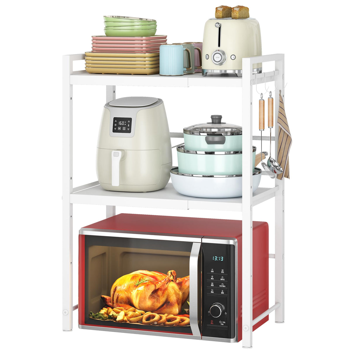 DOLALIKE Microwave Oven Rack, Expandable Microwave Stand Countertop Kitchen Utensils Tableware Storage, Carbon Steel Over Microwave Shelf Countertop 3 Tier with 3 Hooks