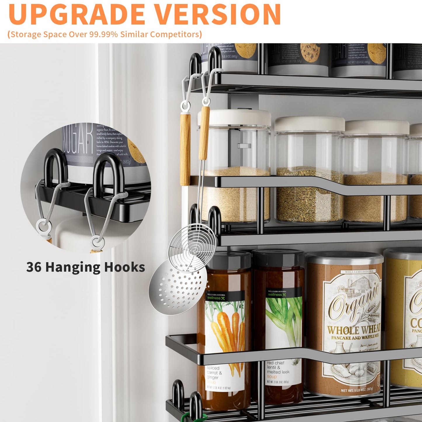 MSERCUOR 9-Tier Over The Door Pantry Organizer Rack，Adjustable Metal Basket Spice Rack Seasoning Shelves, Hanging Spice Rack for Pantry Door, Kitchen Laundry Fit Wider Door (9 Tier Black)
