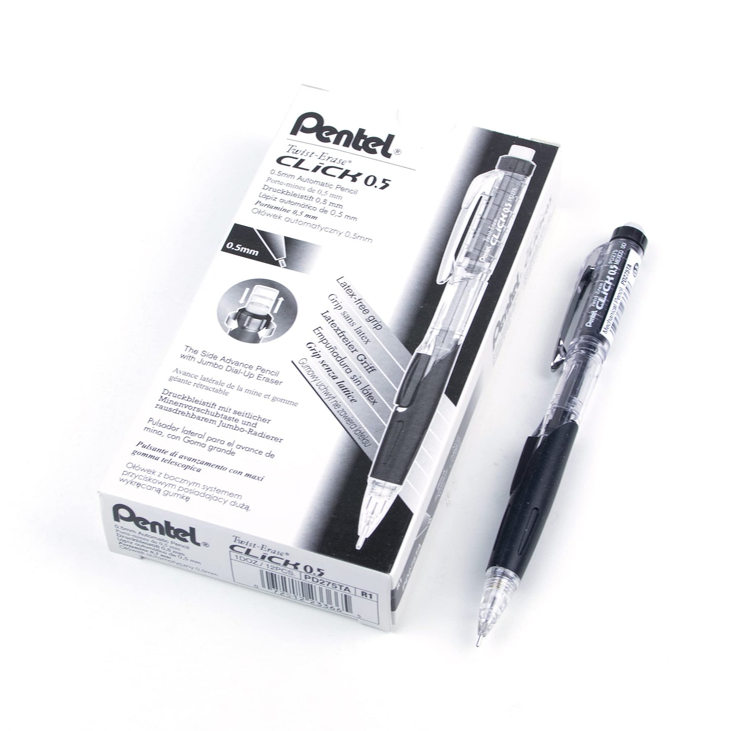 Pentel Twist-Erase Click Mechanical Pencil with Side Click Lead Advance, 0.5mm Fine Point, Large Retractable Eraser, Black Barrel, PD275TA, Box of 12