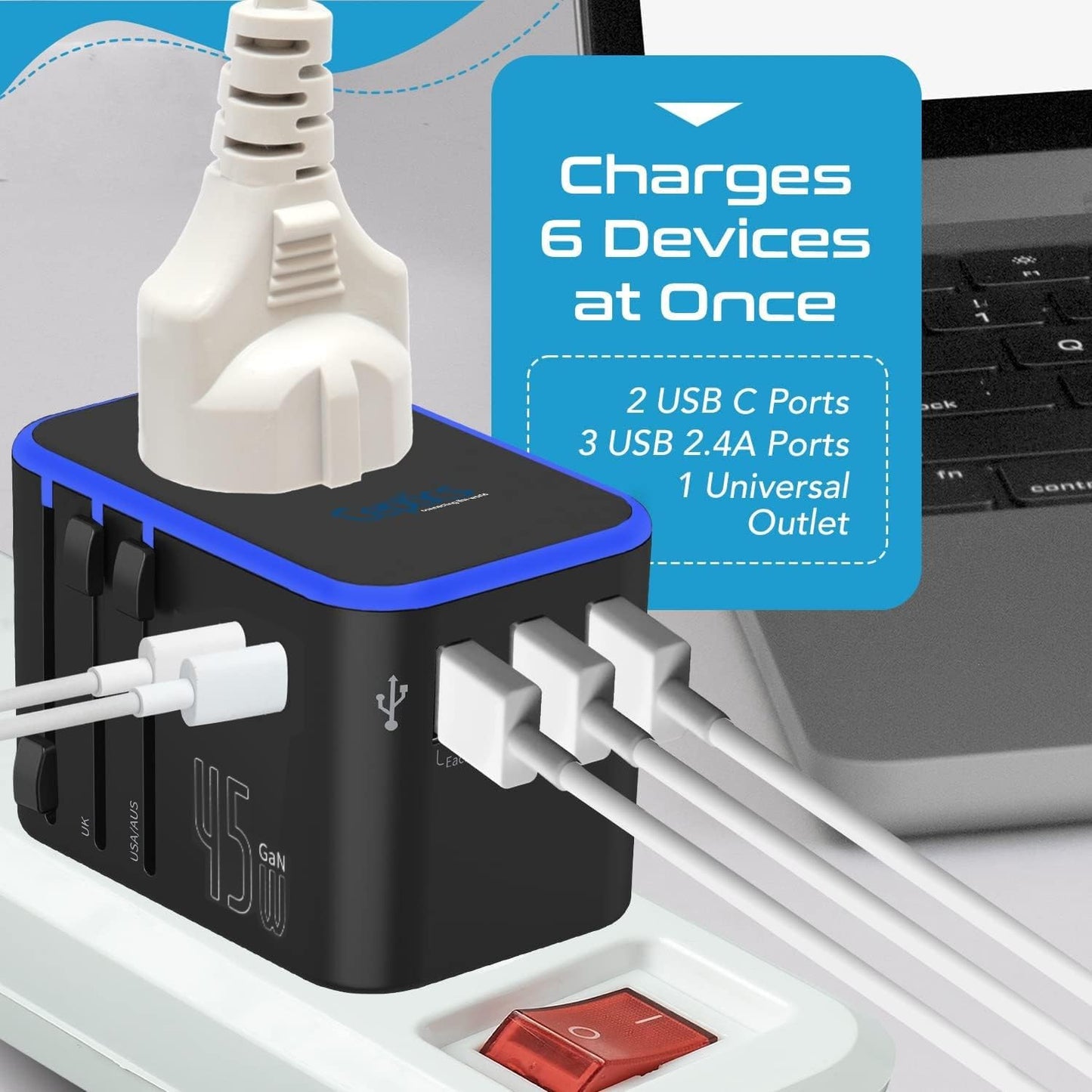Ceptics World International Travel Plug Adapter - Powerful 35W with Pd & QC 3.0 Dual USB-C Power - 3 USB Ports Wall Charger Type I C G A Outlets 110V 220V A/C - EU Euro US UK