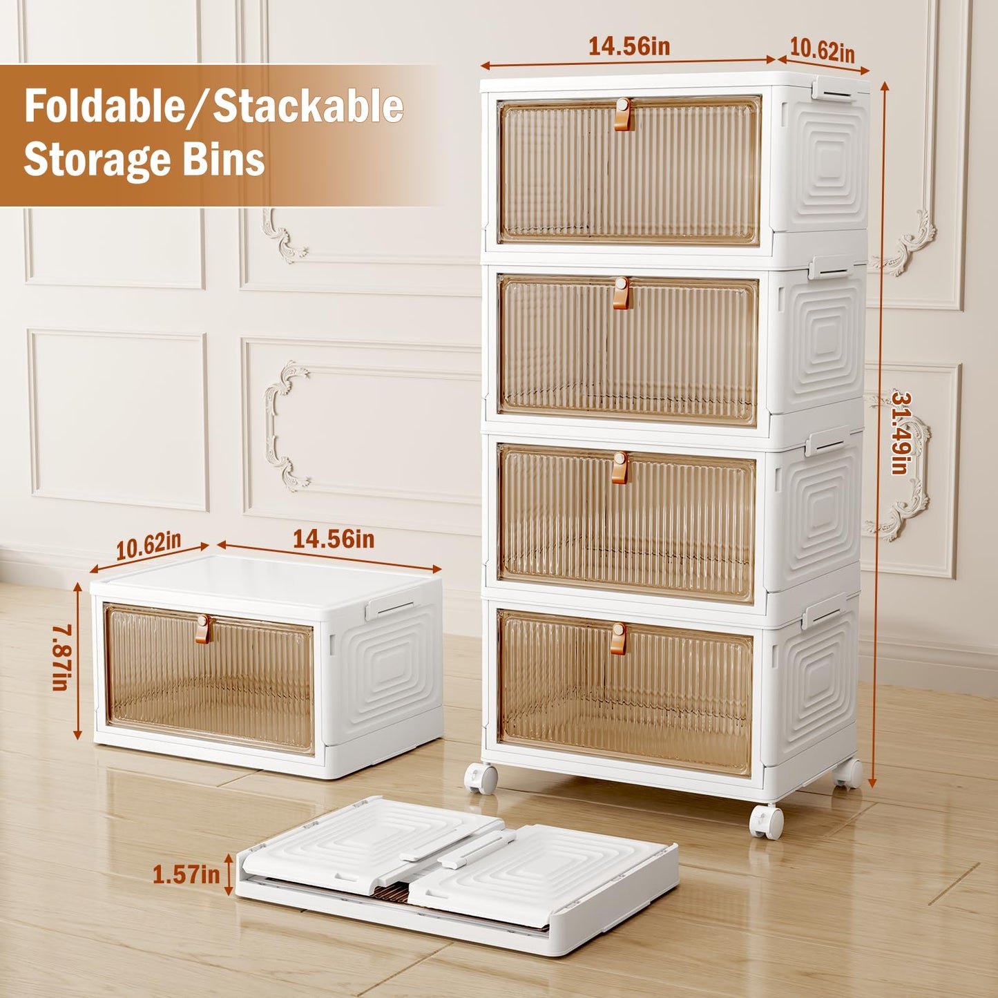 NestOrganix 4 Tier 23QT Plastic Storage Bins with Lid, Storage Containers with Wheels, Folding Storage Box, Stackable Storage Bins, Organizers and Storage for Home,Office 14.56" x 10.62" x 31.49"