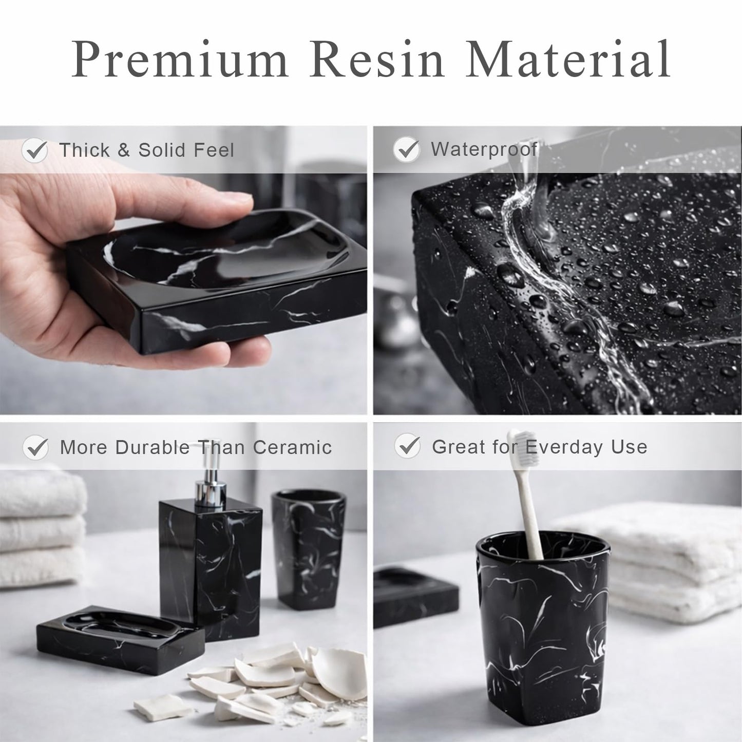 5 Piece Bathroom Accessories Set, Marble Resin Bathroom Vanity Set, Soap Dispenser, Toothbrush Holder, Soap Dish & 2 Tumblers, Bathroom Countertop Organizer Set (Ink Black)