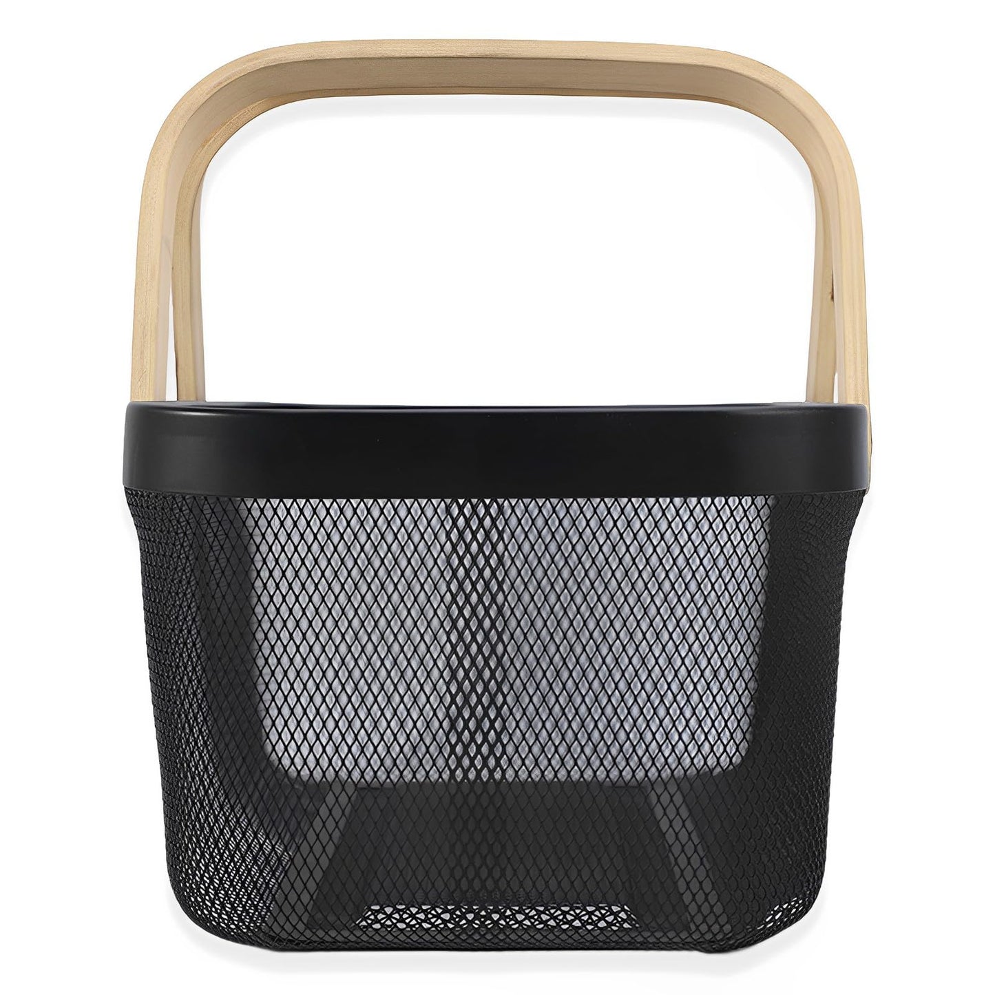 Cheardia 2 Pack Picnic Baskets, Metal Mesh Harvest Basket with Foldable Wooden Handle, Rectangle Garden Storage Basket Bin for Vegetable Fruit Garden Kitchen Cabinet Picking Gathering, Black