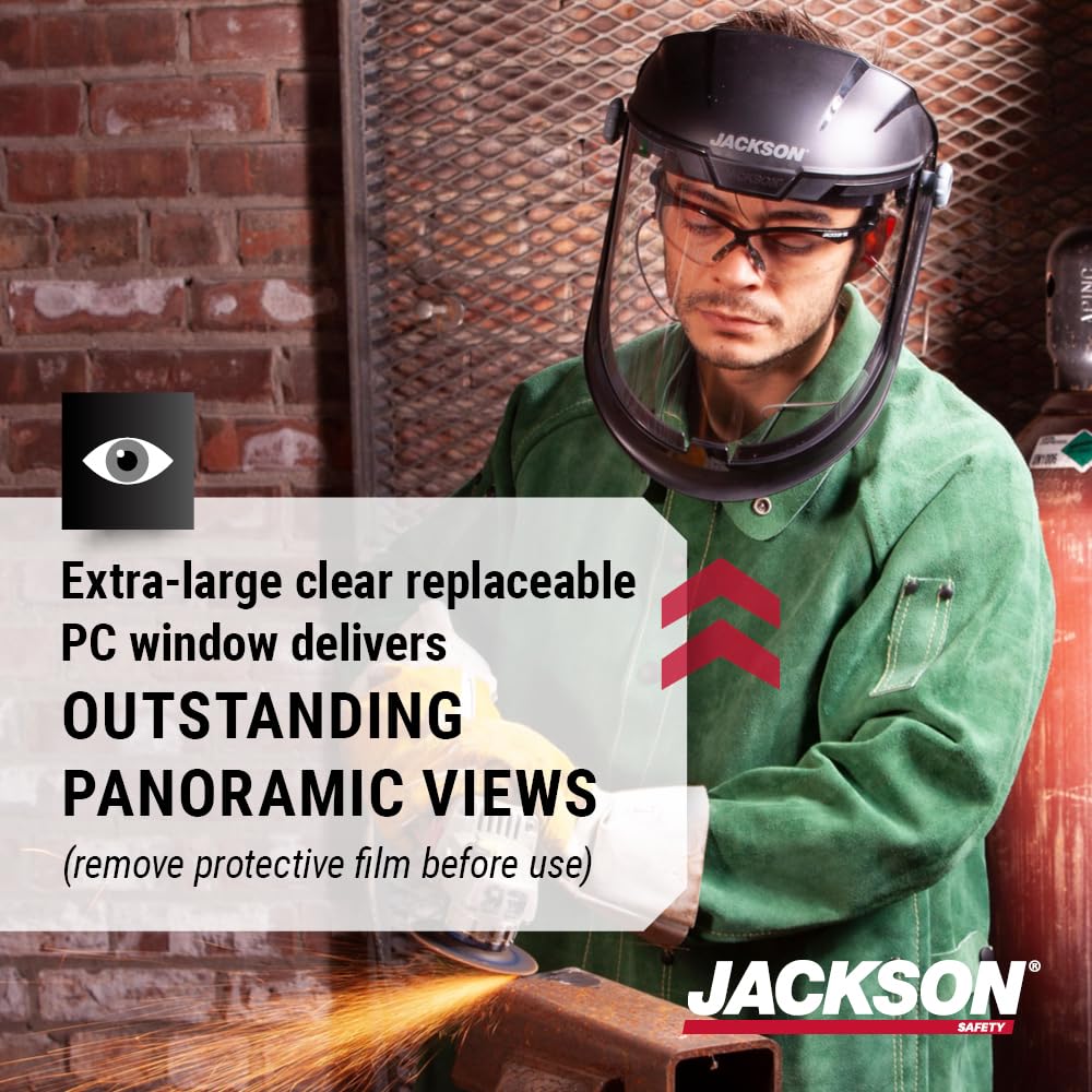 Jackson Safety Lightweight MAXVIEW Premium Face Shield - Mask with 370 Speed Dial Ratcheting Headgear, ANSI Z87.1, for Work, Grinding, Cutting - Uncoated - Clear Tint