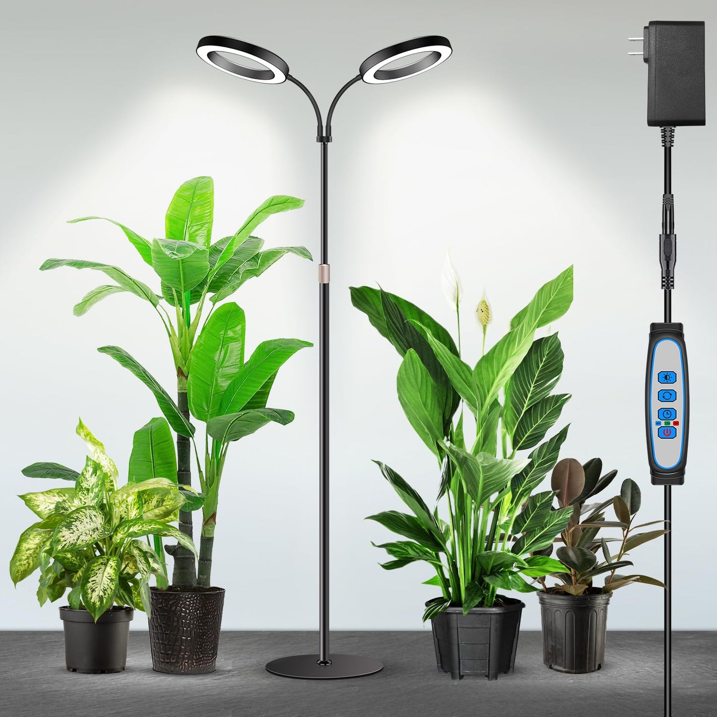 Garpsen Halo Grow Lights, Dual-Head Full Spectrum LED Plant Lights for Indoor Growing with Stand, 3 Color Modes Grow Lamp with Timer 6/12/16H, 5 Dimmable Levels, 164 LEDs and 67''Height Adjustable