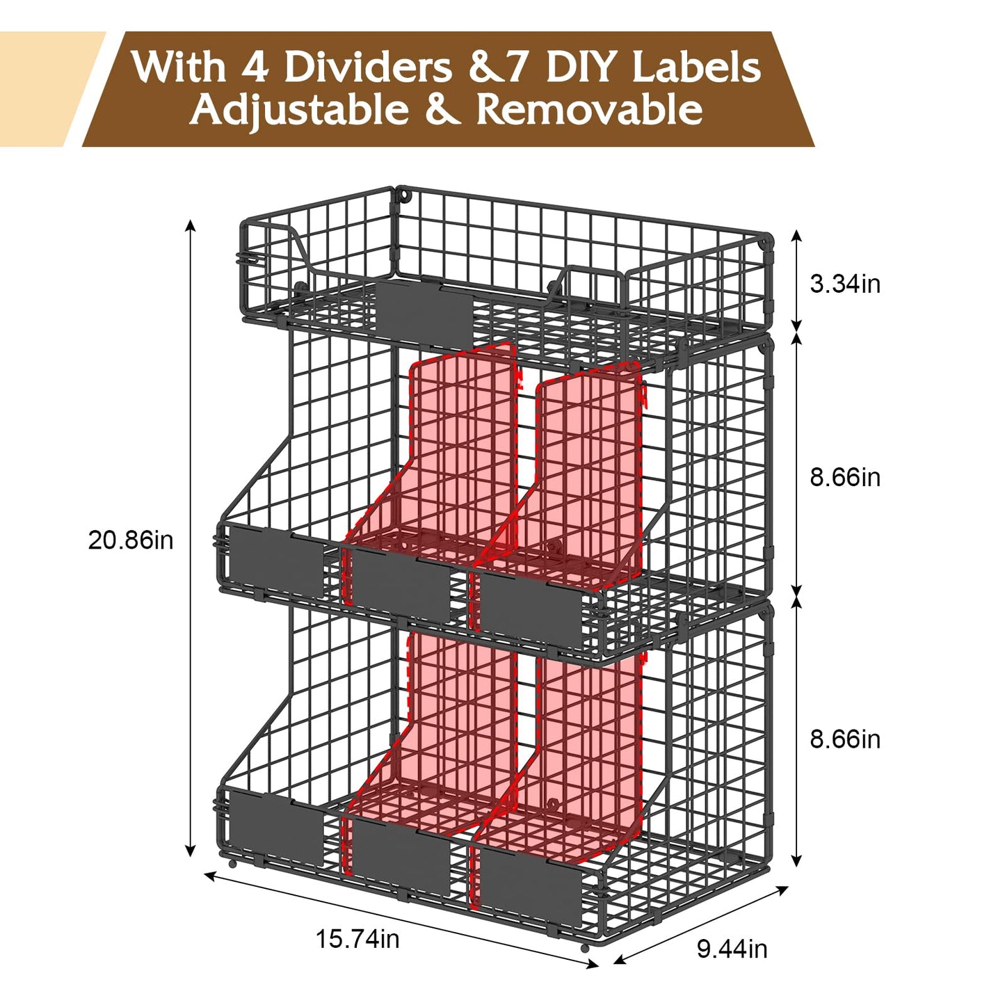X-cosrack Egg Holder Countertop, 3 Tier Storage Rack with Labels Dividers to Separate Eggs, Stackable Wire Baskets for Fresh Egg, XXL Egg Dispenser for Countertop/Wall-Mounted