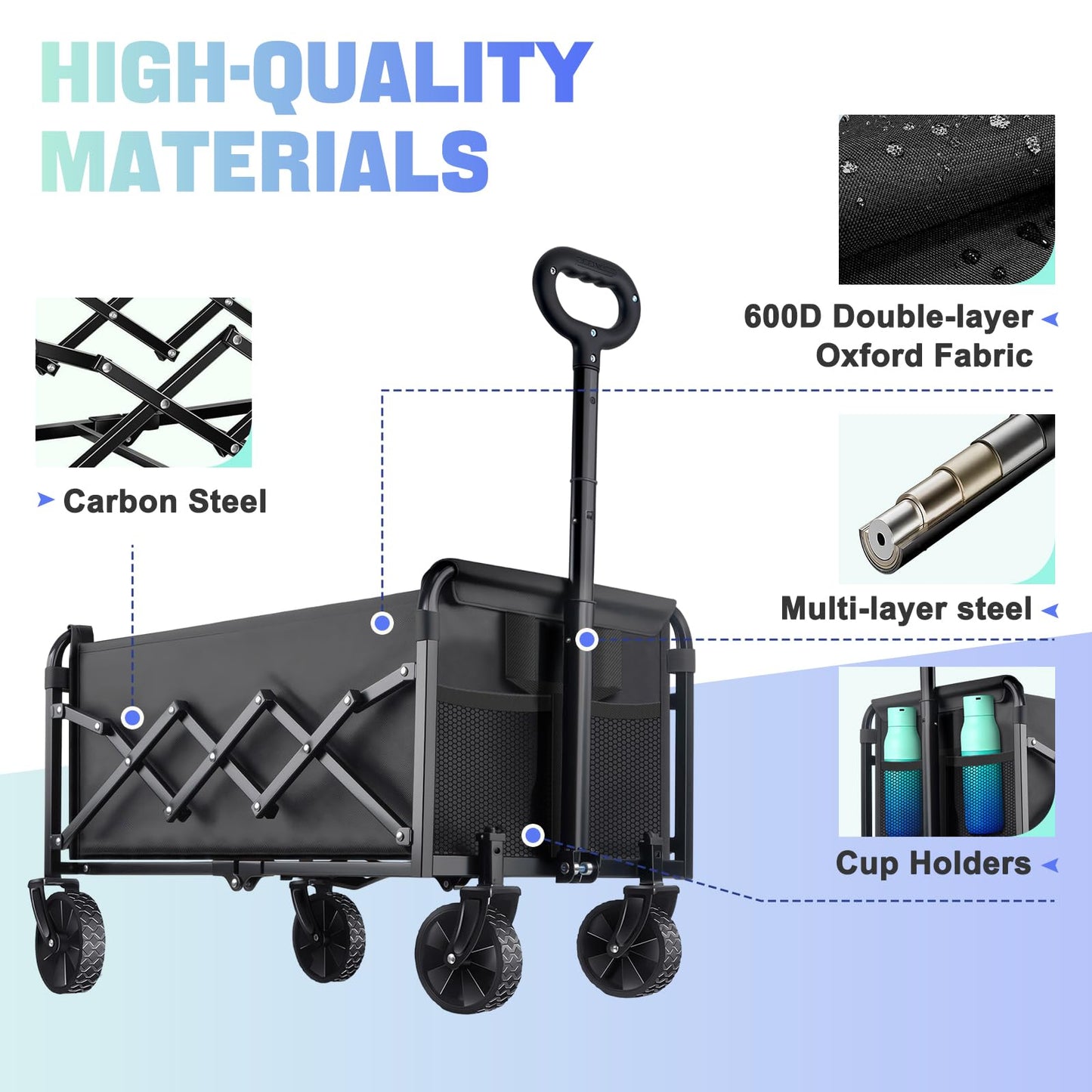 280LBS Collapsible Wagon Cart with Wheels - Heavy Duty Folding Wagon Carts for Grocery, Lightweight Utility Wagon with All-Terrain Wheels & 2 Cup Holders, Portable Beach Wagon for Shopping Garden