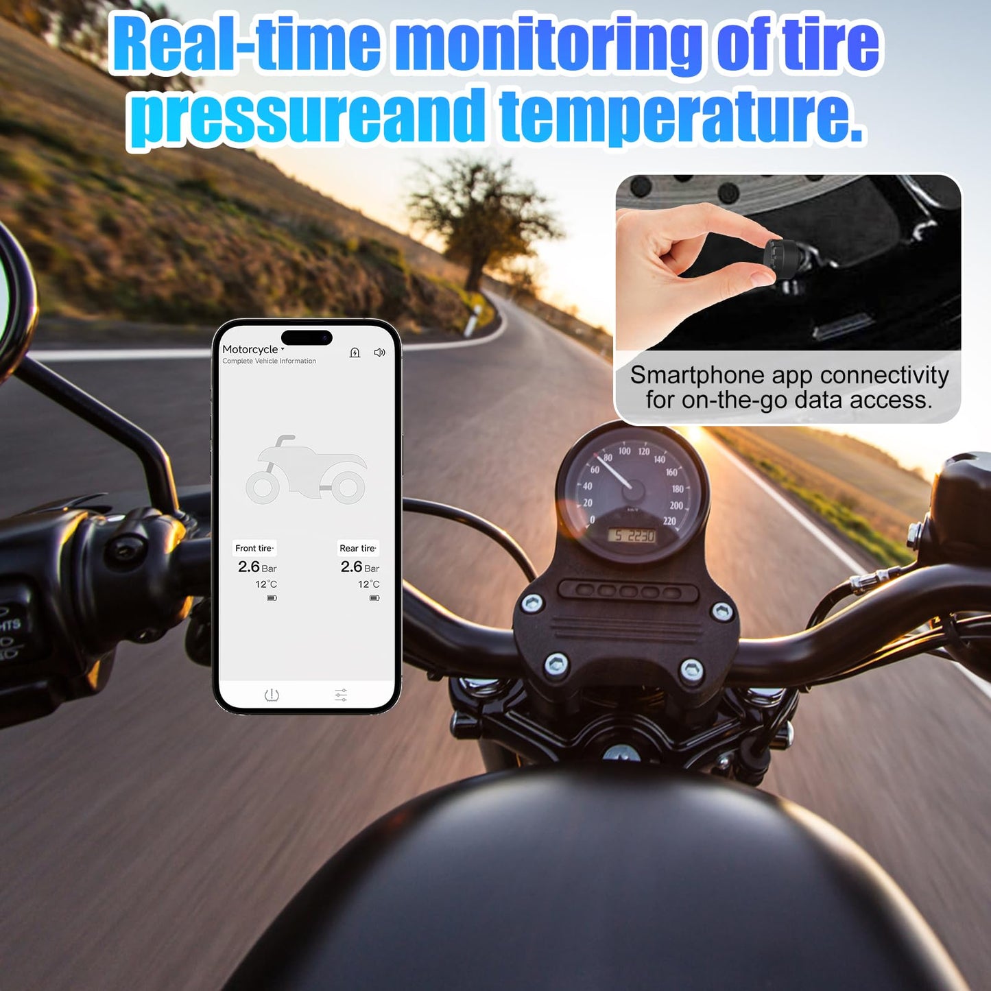 3T6B Wireless Tire Pressure Monitoring System with 2 TPMS External Sensors for Motorcycle & Bicycle, Real-time Tire Pressure and Temperature Alarm, Supports iOS & Android