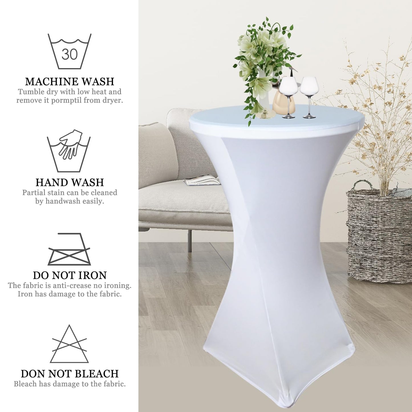 White Cocktail Spandex Stretch Square Corners Tablecloth Set of 4Pack|32"x43" Cocktail Round Tablecloth|Stain 、Wrinkle Resistant、Washable for Bar Wedding Cocktail Party Banquet Table