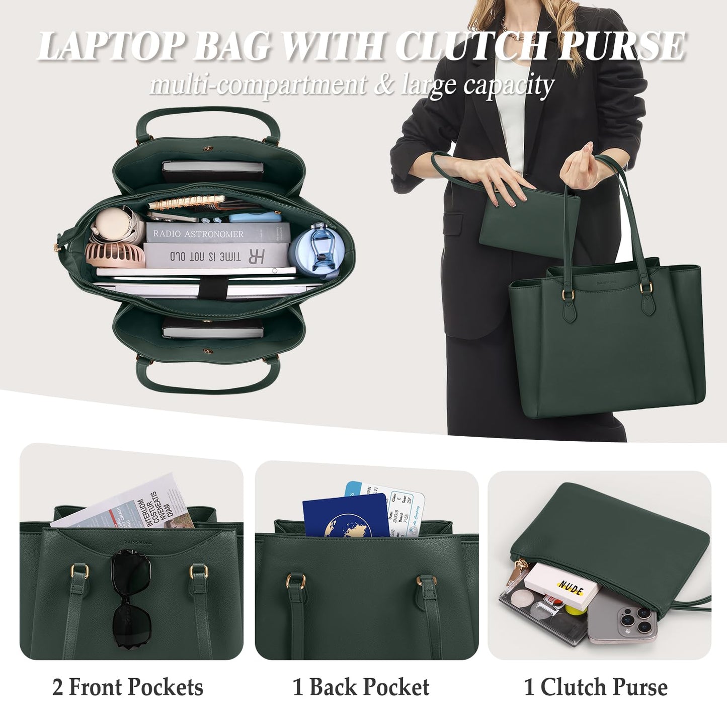 RAINSMORE Laptop Bags for Women 15.6 Inch Work Tote Bags Womens Laptop Purse Waterproof PU Leather Laptop Briefcase for Office Computer Bag Women Travel Handbag, Green