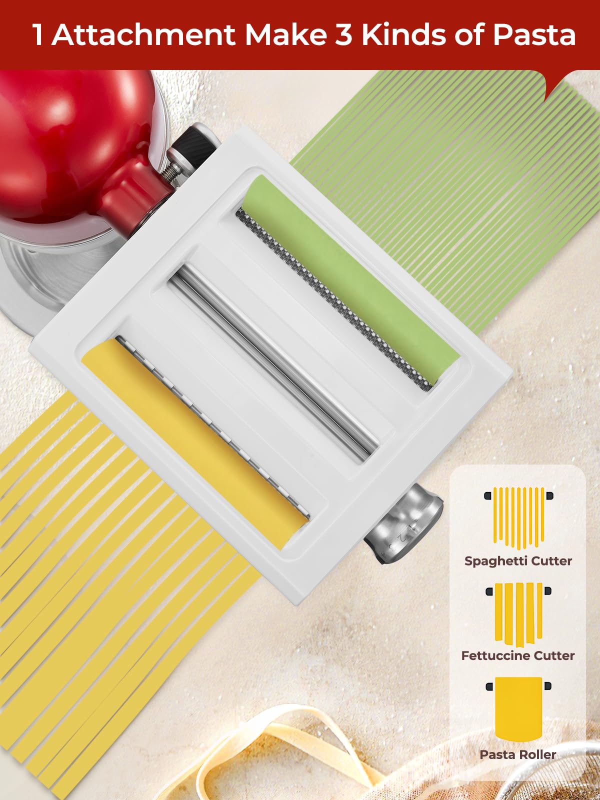 3 in 1 Pasta Maker for KitchenAid, Pasta Attachment Includes Pasta Sheet Roller, Spaghetti Cutter, Fettuccine Cutter, 7 Gears Adjustable Pasta Maker Accessories Pasta Roller & Cutter Set