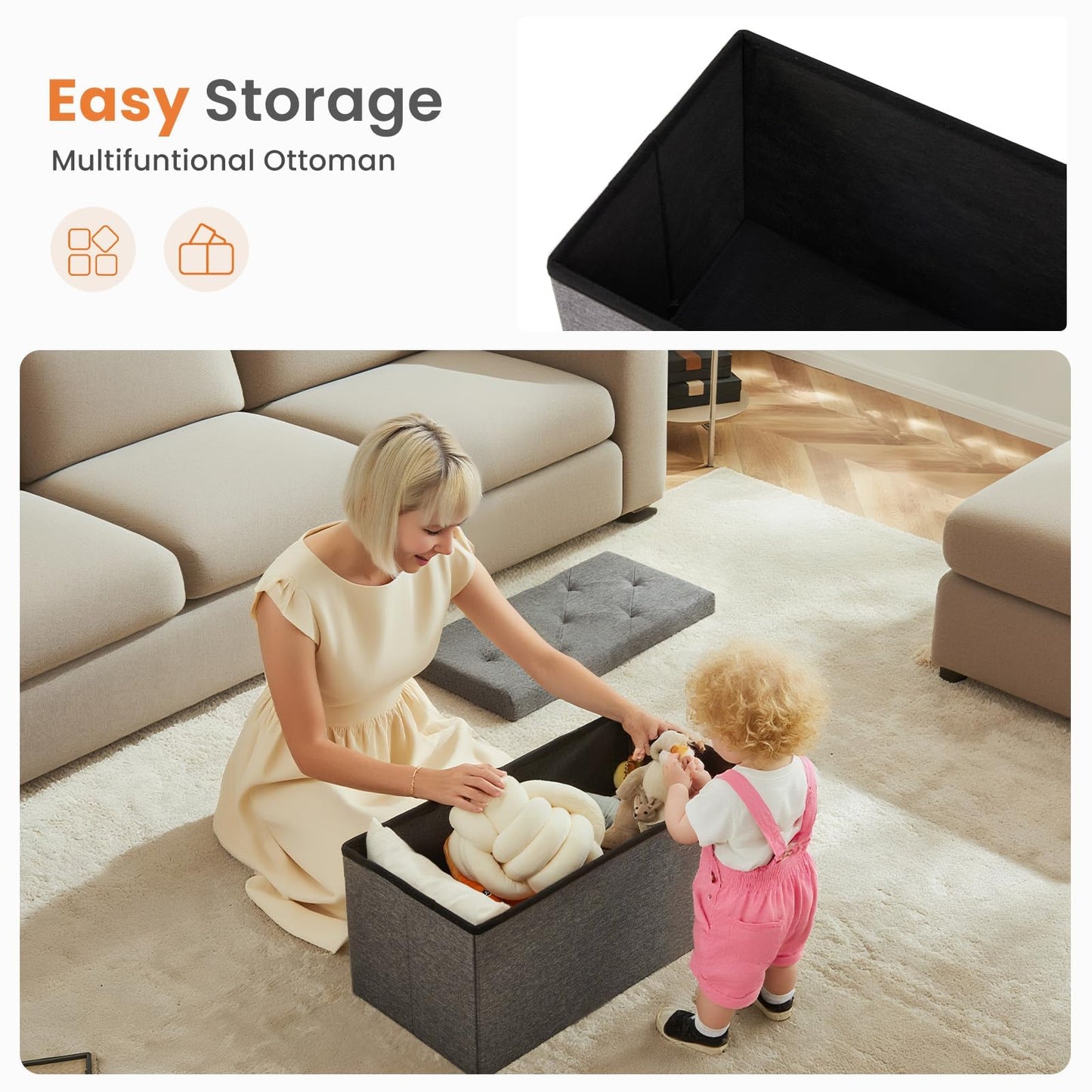 Sweetcrispy Folding Storage Ottoman Bench, Light Grey, Entryway Bench for Living Room, Ottomans with Storage for Bedroom, Heavy Duty 660 lbs Load Capacity, Linen Footrest Seat