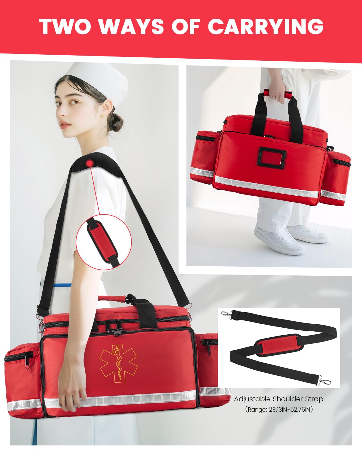 PTAHON Medical Bag - First Aid Bag Empty, EMT Bag for EMTs, Paramedics & First Responders, 25.8" Water-Resistant, 360° Reflective, 4 Dividers, 3 Removable Transparent Pouches, Padded Detachable Strap