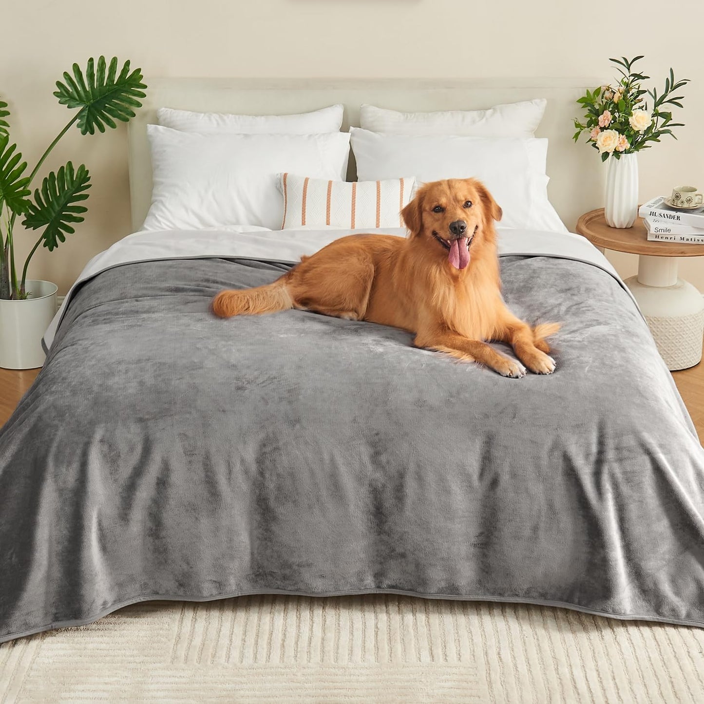 Yaning Waterproof Blanket 80"x90" for Adults, Reversible Waterproof Bed Cover for Dogs Cats Pets, Soft Leakproof Blanket for Bed Couch Sofa Furniture Protector, Grey/Light Grey