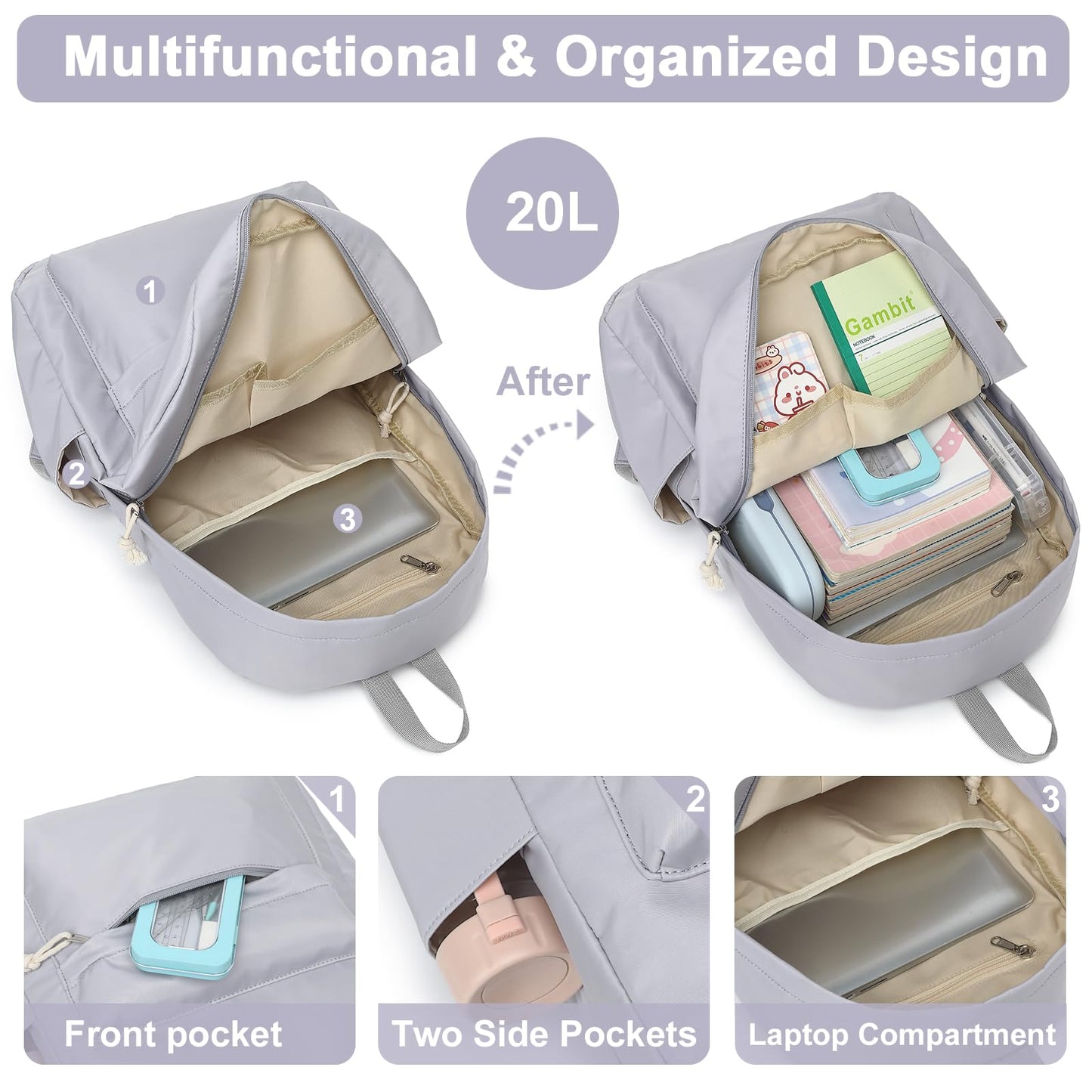 Bluboon School Backpack for Teen Girls Women Laptop Backpack College Bookbags Middle School Travel Work Commuter Back Pack, Grey, 12x17x6.5 inches