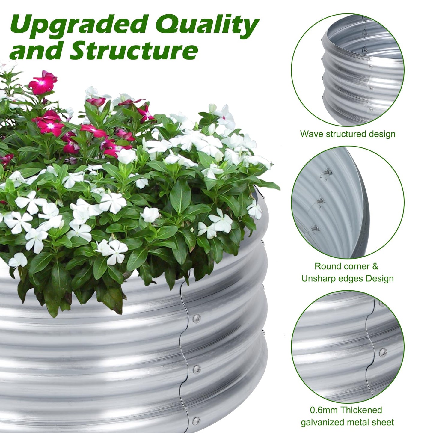 PINPON 2 Pack 2x2x1ft Round Galvanized Raised Garden Bed Outdoor, Silver Metal Planter Box for Vegetables, Herbs, Flowers
