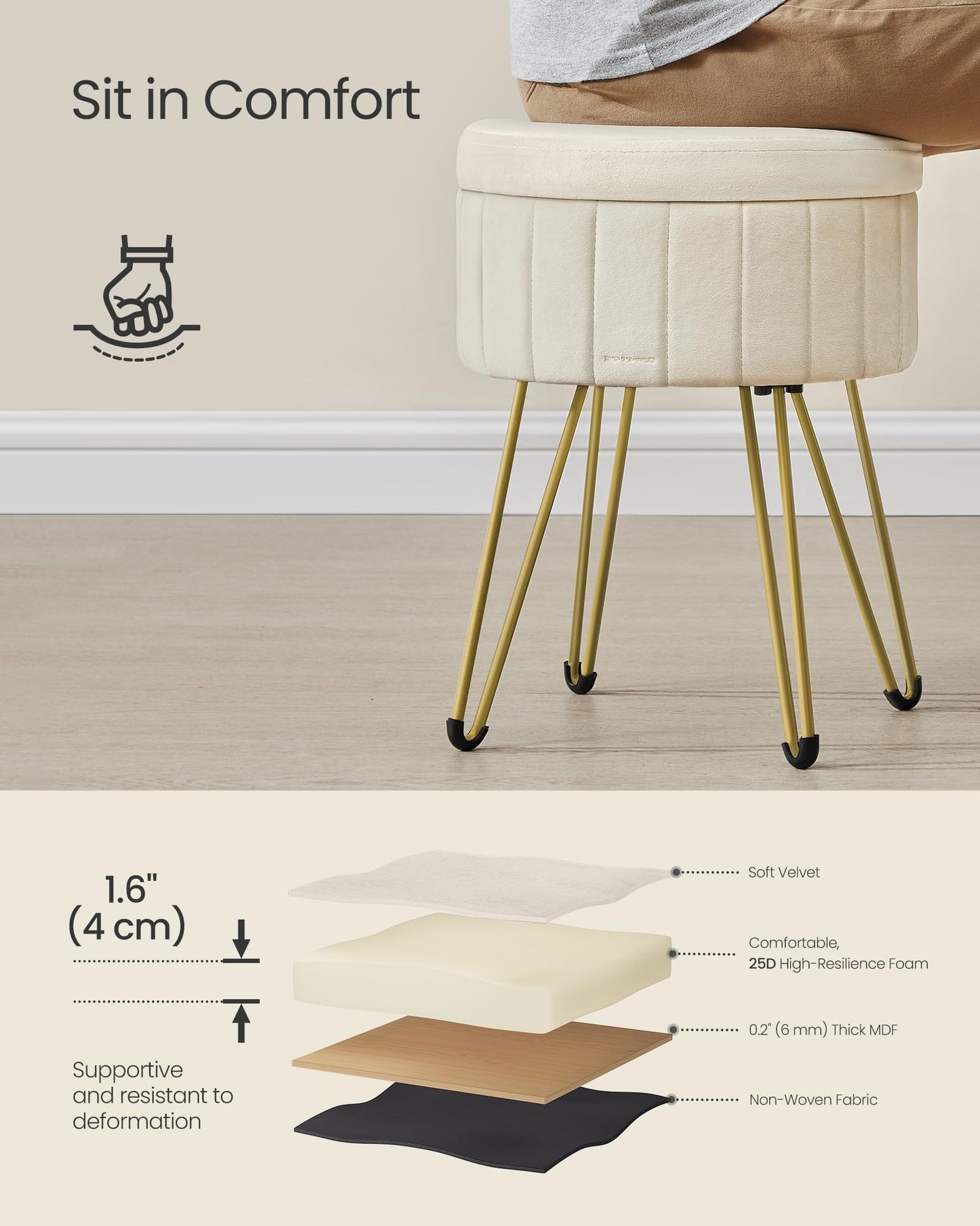 SONGMICS Vanity Stool Chair, Small Ottoman Stool with Storage, Velvet Makeup Stool, 15.4 Dia. x 17.5 H Inches, Cream White ULOM003W01