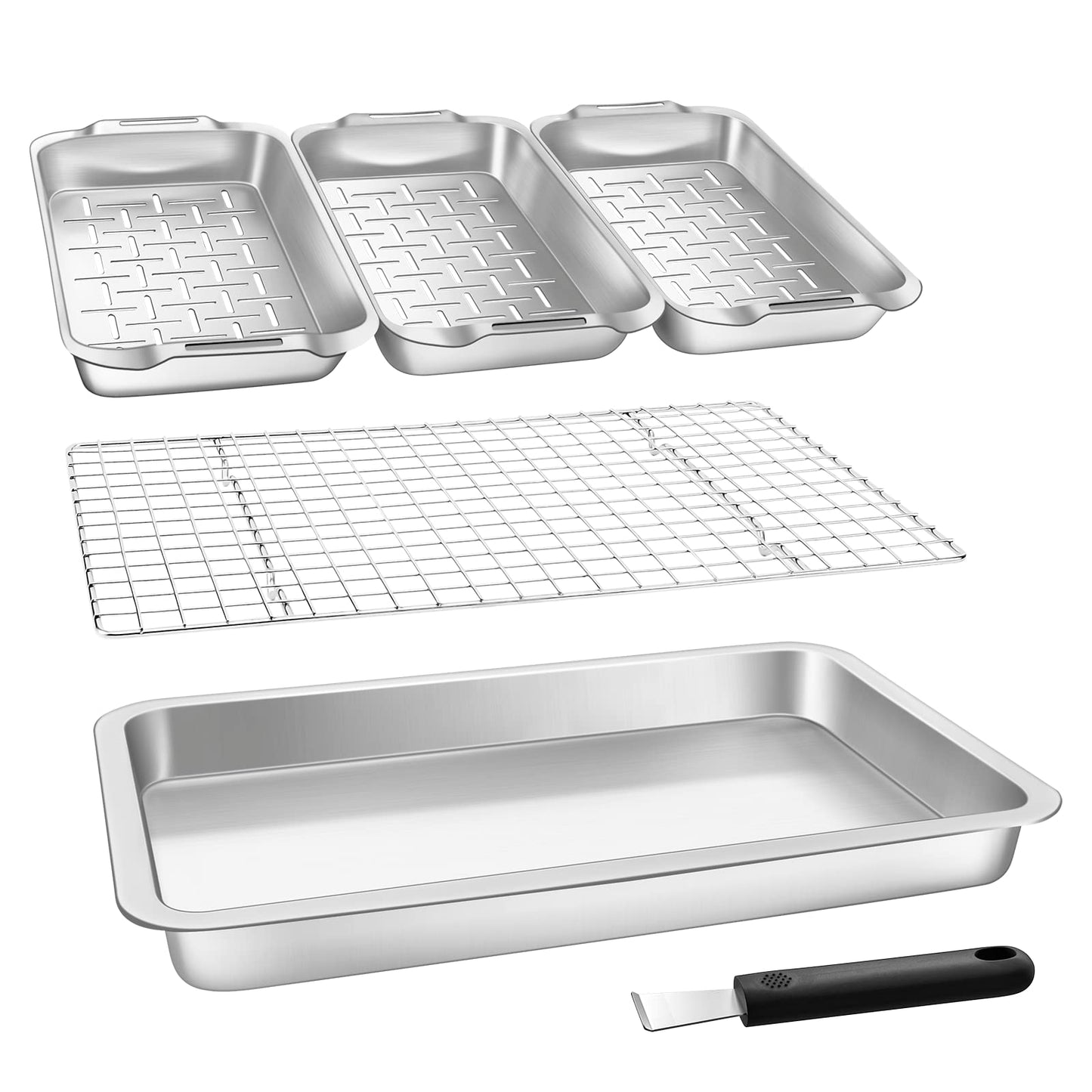 VIKEYHOME Grill Basket Set, 6-Piece Stainless Steel Large Grill Pans, 16.5" x 11" Pan, Outdoor Grill with Cooling Rack for Vegetables, Fish, Meat, Great Grilling Gifts for Men