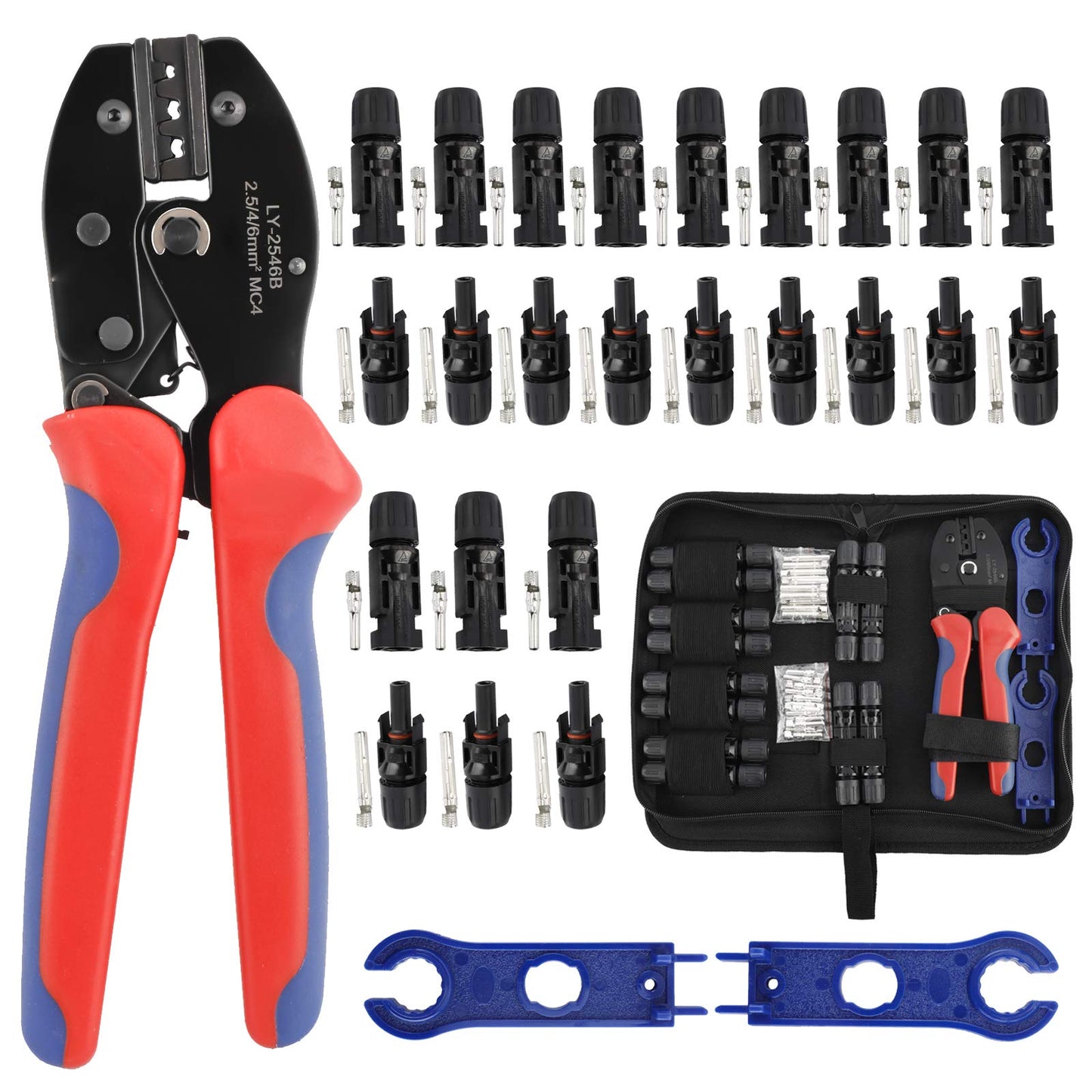 Solar Crimping Tools Kit for 2.5/4.0/6.0mm² Solar Panel PV Cable 26-10AWG,12 Pairs of Male Female Solar Connectors, 1 Pair Solar Spanners and 1 Wire Crimper
