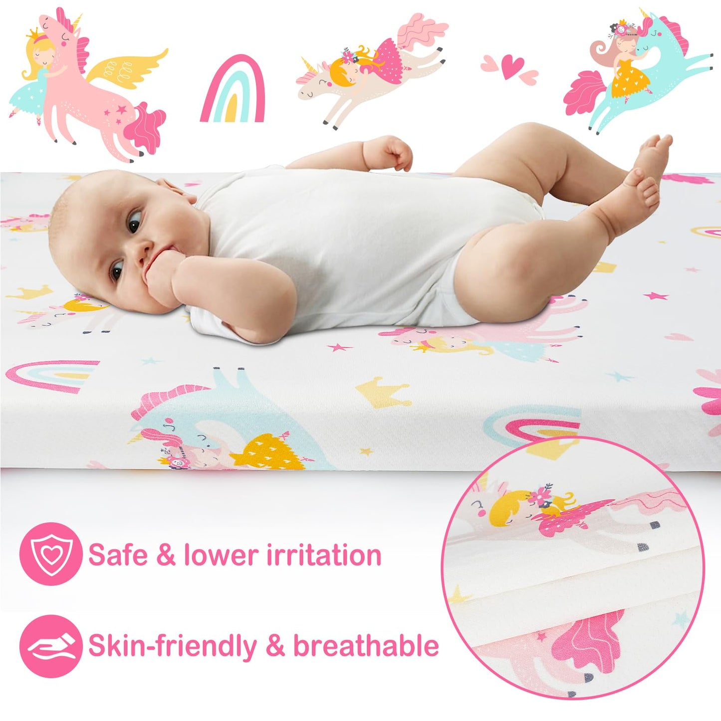 Viviland Toddler Mattress, 38" X 26" Pack N Play Mattress Premium Soft Foam Portable for Pack and Play Topper, Breathable, Comfortable and Stable, Unicorn Printed Mini Pad for Baby Mattresses