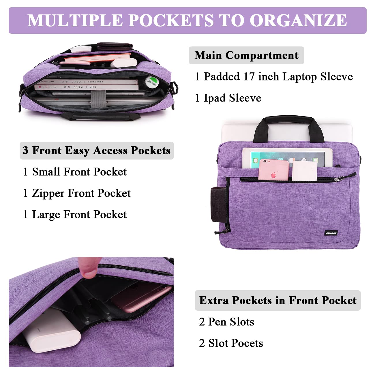 Laptop Bag for Women,RAVUO Water Resistant Lightweight 17inch Shockproof Laptop Shoulder Bag Sleeve Case Business Briefcase with Shoulder Strap Purple