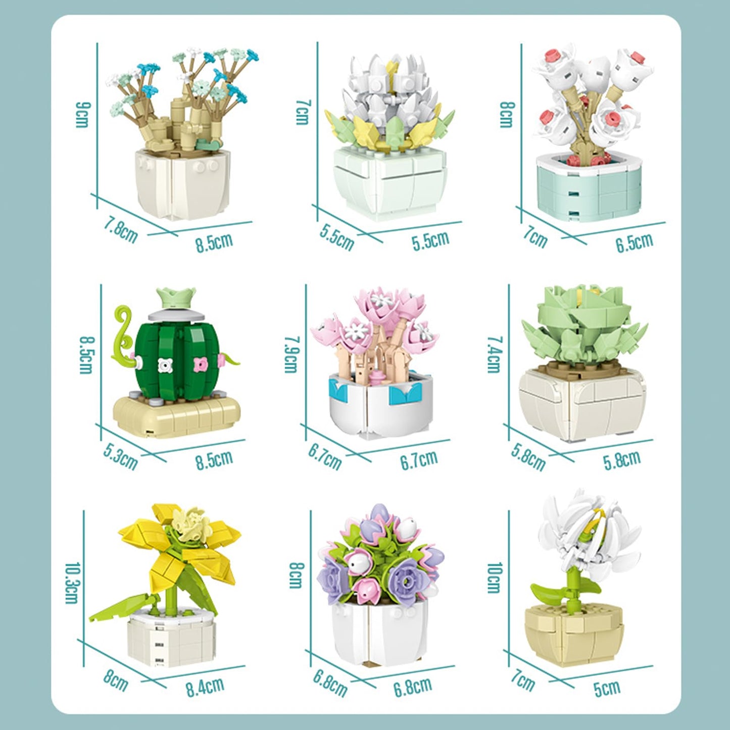 XMORK Succulent Plant Building Blocks Set, 9 Tiny Plants Kit with Display Frame for Botanical Collection and Decor, Succulents Bonsai Toy for Teens and Adults, 854 PCS
