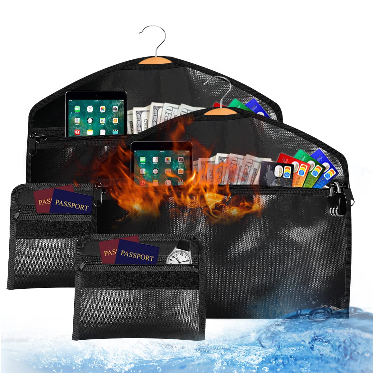Sdstone Hanger Diversion Fireproof & Waterproof Safe with Lock and Small Fireproof Bag, Hidden pocket safe hanger, Under Hanging Clothes with Pocket to Hide