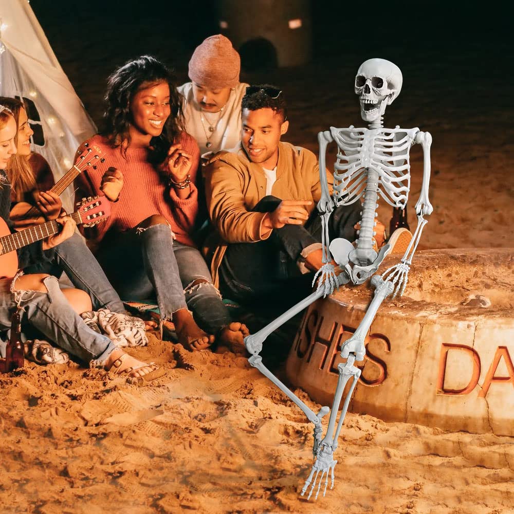 5.4Ft/165cm Halloween Life Size Skeleton Full Body with Movable Joints for Halloween Party Prop Scary Graveyard Haunted House Lawn Yard Decorations (Grey)