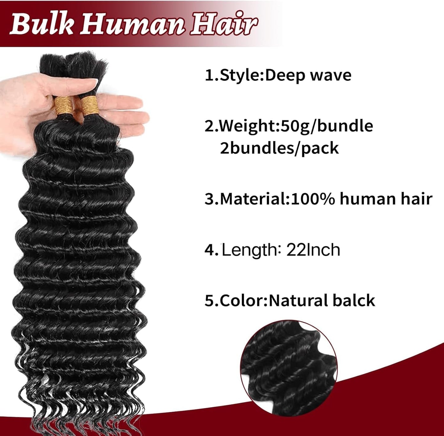 Datanala Human Braiding Hair 22Inch Deep Wave Human Hair Bulk for Braiding 2 bundles/100g 100% Unprocessed Virgin Wet and Wavy Human Hair Extensions for Boho Braids(1B#, 22inch-100g)