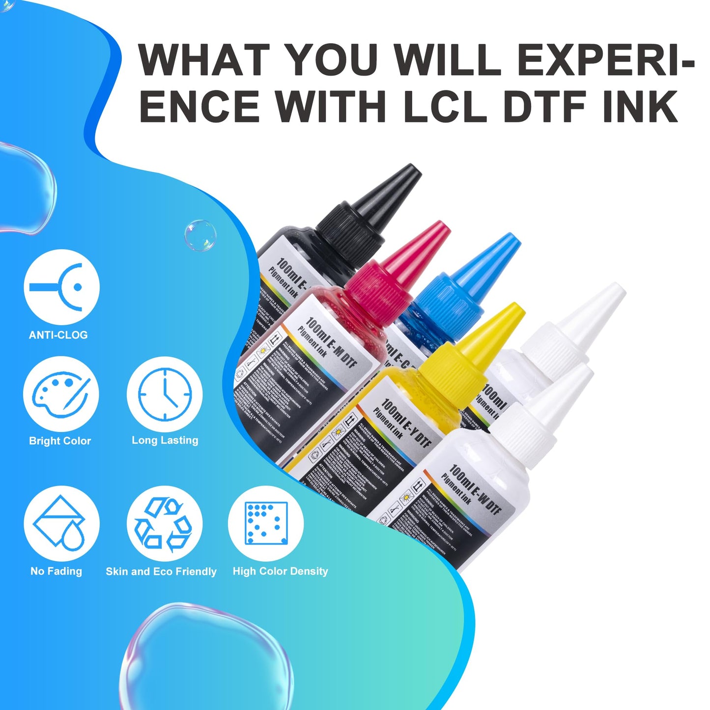 LCL Premium DTF Ink 600ML DTF Transfer Ink for PET Film, Refill for DTF Printers ET-8550, XP-15000, L1800, L805, R1390, R2400, Heat Transfer Printing Direct to Film (100ml x 6, CMYK 2Wh)
