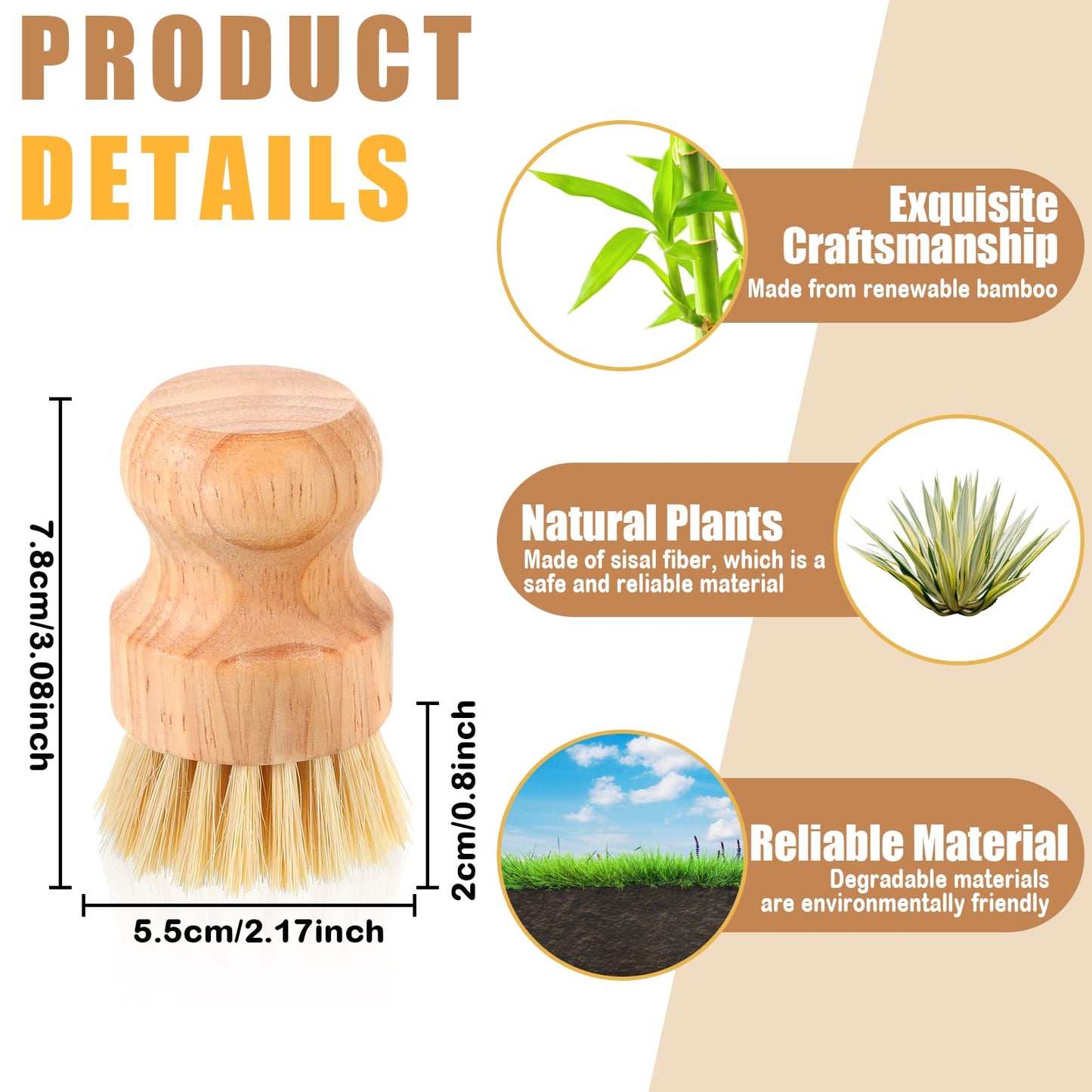 Nuenen 20 Packs Bamboo Dish Scrub Brushes Wooden Scrubbers Set Kitchen Dishwashing Scrubber with Natural Sisal Bristles for Iron Pot Pan Sink(Sisal)