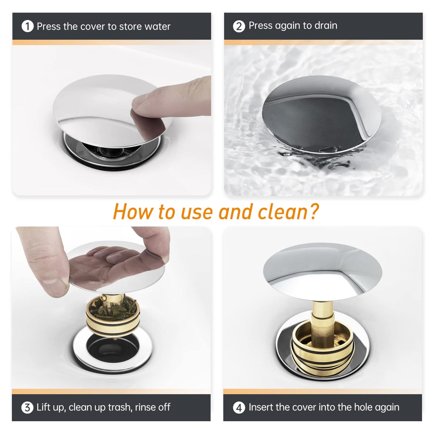 KUZOR 2PCS 304 Stainless Steel Bathroom Sink Drain with Overflow - Easy to Install for Modern Bath/Vanity/Vessel Pop Up Drain- Fits Sink Holes, 1-5/8 to 2 in - Chrome