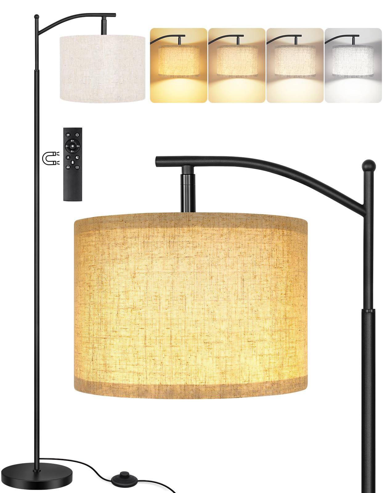 OUTON Arc Floor Lamp with Remote and Foot Switch, Dimmable Standing Lamp with 4 Color Temperatures, 5%-100% Brightness, Adjustable Head, 1-Hour Timer, Memory Function for Living Room Office