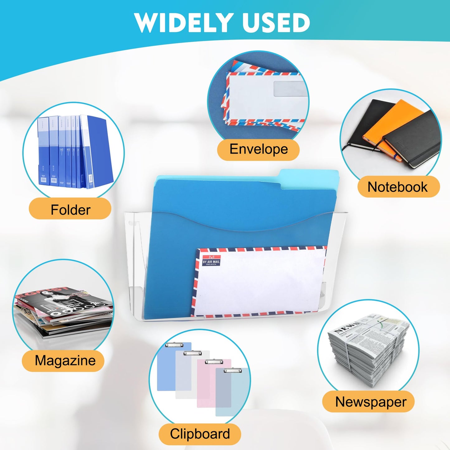 EASEPRES 4 Pack Plastic Clear Hanging File Paper Organizer with Single Pocket Vertical Wall Mounted Files Mail Letter Holder for Office, School and Home, 13.85x3.14x6.88 inches