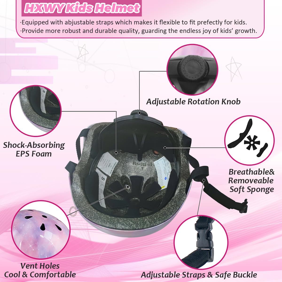 HXWY Adjustable Kids Bike Skateboard Helmet CPSC Certified for Boys Girls Youth Toddler, Starry Pink Protective Helmets for Multi-Sports Cycling Skateboard Scooter Skating (Medium)