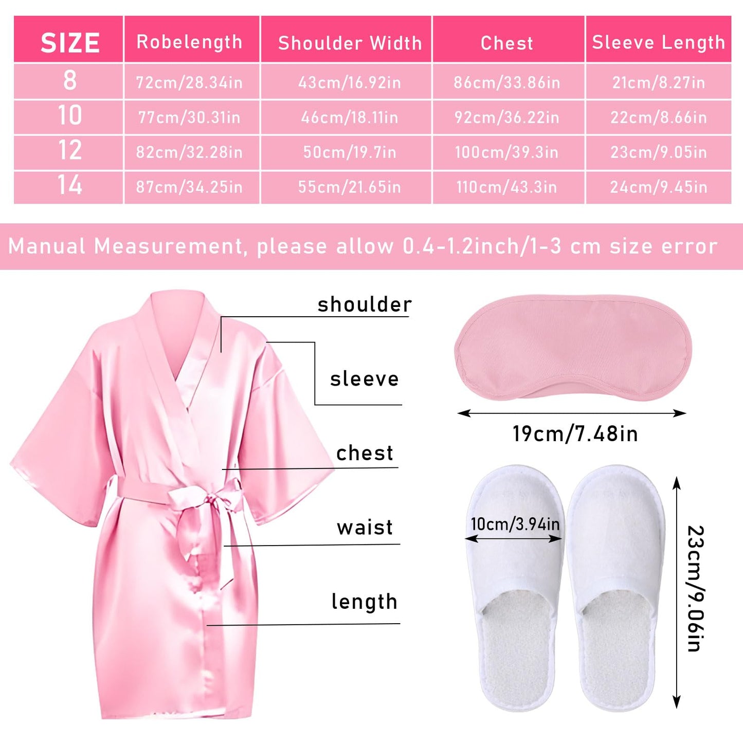18 Pcs Spa Party Supplies for Girls 6 Satin Kimono Robe 6 Sleeping Eye Mask 6 Disposable Slippers for Flower Girl Kid Salon Pedicure Wedding Birthday Favors Washing Shower (Size 10, Pink)