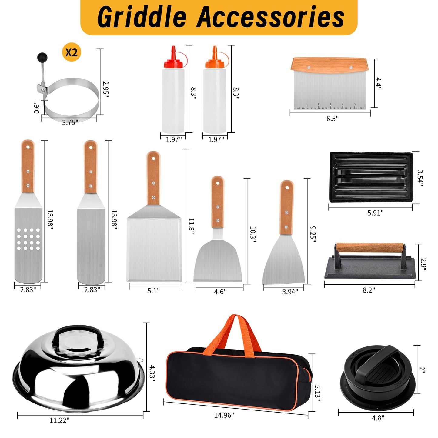 Onlyflame 15PCS Professional BBQ Griddle Tool Kit for Flat Top Grill Blackstone and Camp Chef - Stainless Steel Griddle Spatulas Accessories Kit with Basting Cover, Carry Bag and More Tools