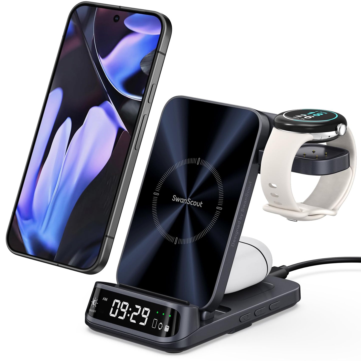 Wireless Charger for Pixel Watch 3/2, 3 in 1 Charging Station for Google 9 Pro Fold/9 Pro XL/9 Pro/9a/9/8/7/6/5, SwanScout 708G2 (Not for Pixel Watch 4/1, No Adapter)