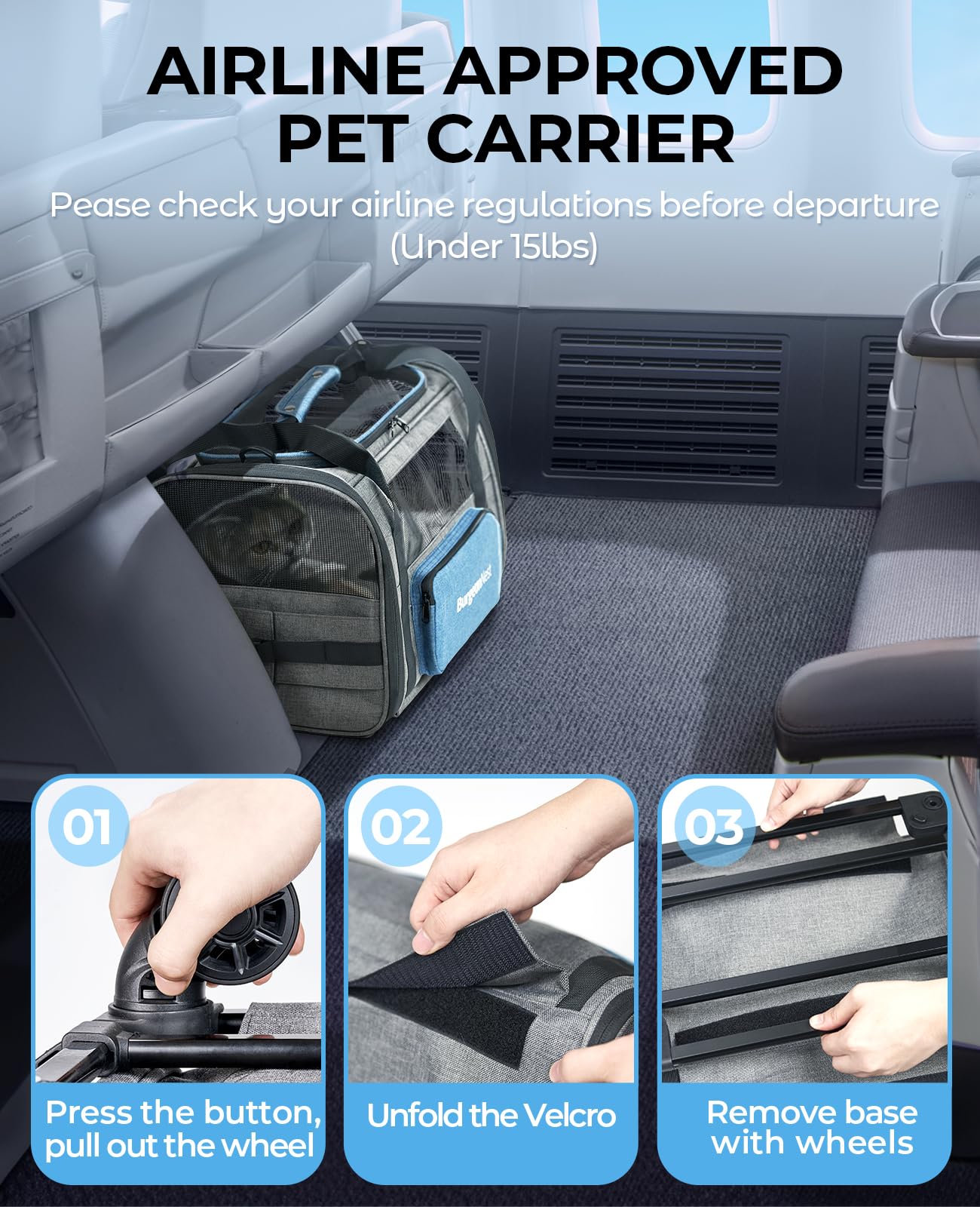 BurgeonNest Cat Carrier with Wheels, 16.5“X11 X11 Airline Approved Rolling Pet Carrier with Telescopic Handle and Shoulder Strap, Small Dogs Pets Under 15 lbs