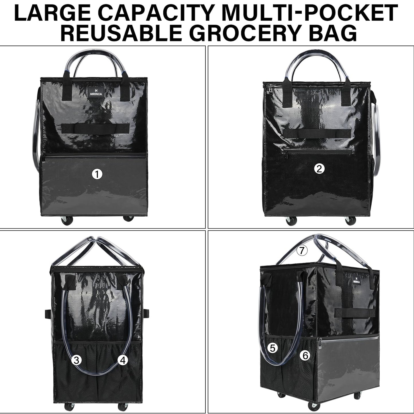 Foldable Shopping Cart with Wheels, Waterproof PP Grocery Tote Bag with 6 Pockets, Zippered Top, 4 Wheels and Heavy Duty Handles, Lightweight, Carries Up to 22 LBS, Small, Black