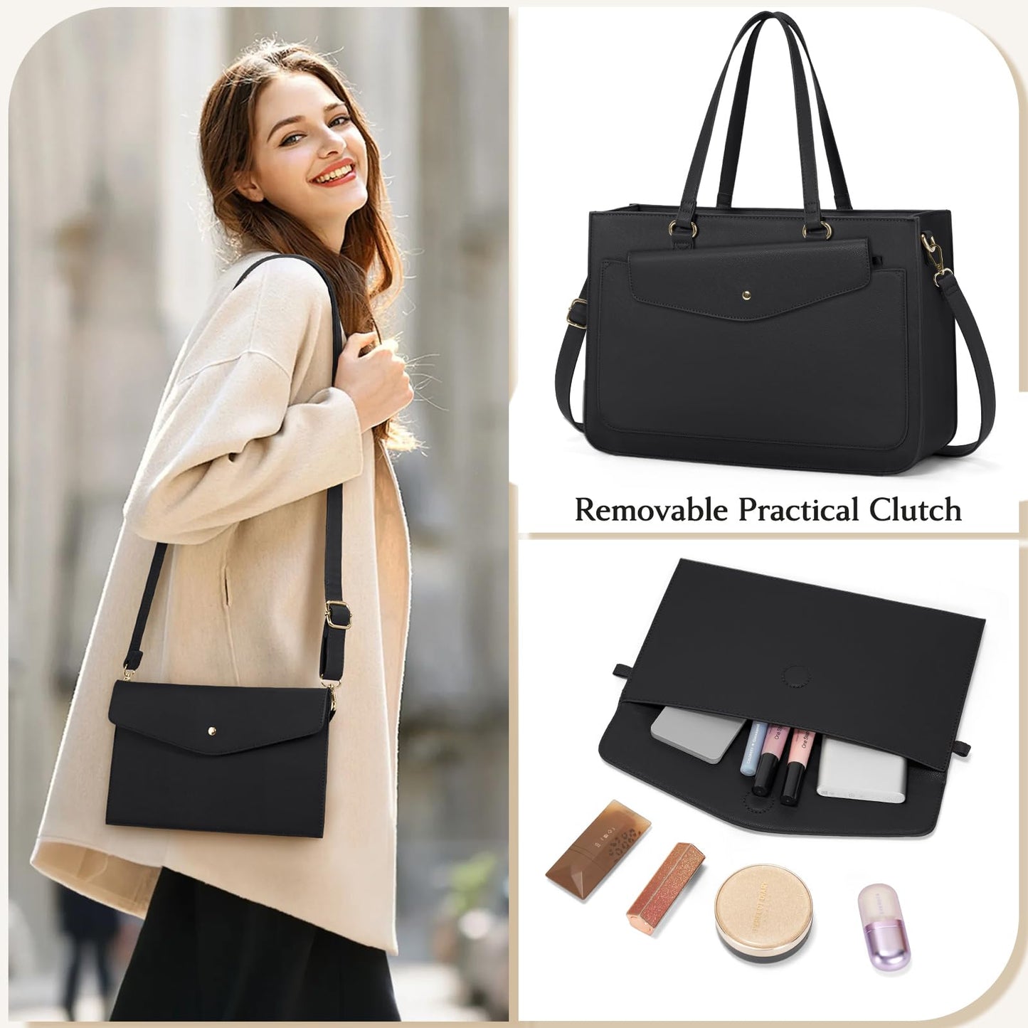 RAINSMORE Laptop Bags for Women 15.6 Inch Work Tote Bags Leather Laptop Tote Waterproof Computer Bags Professional Office Business Briefcase Large Handbag for Travel College Teacher, Black