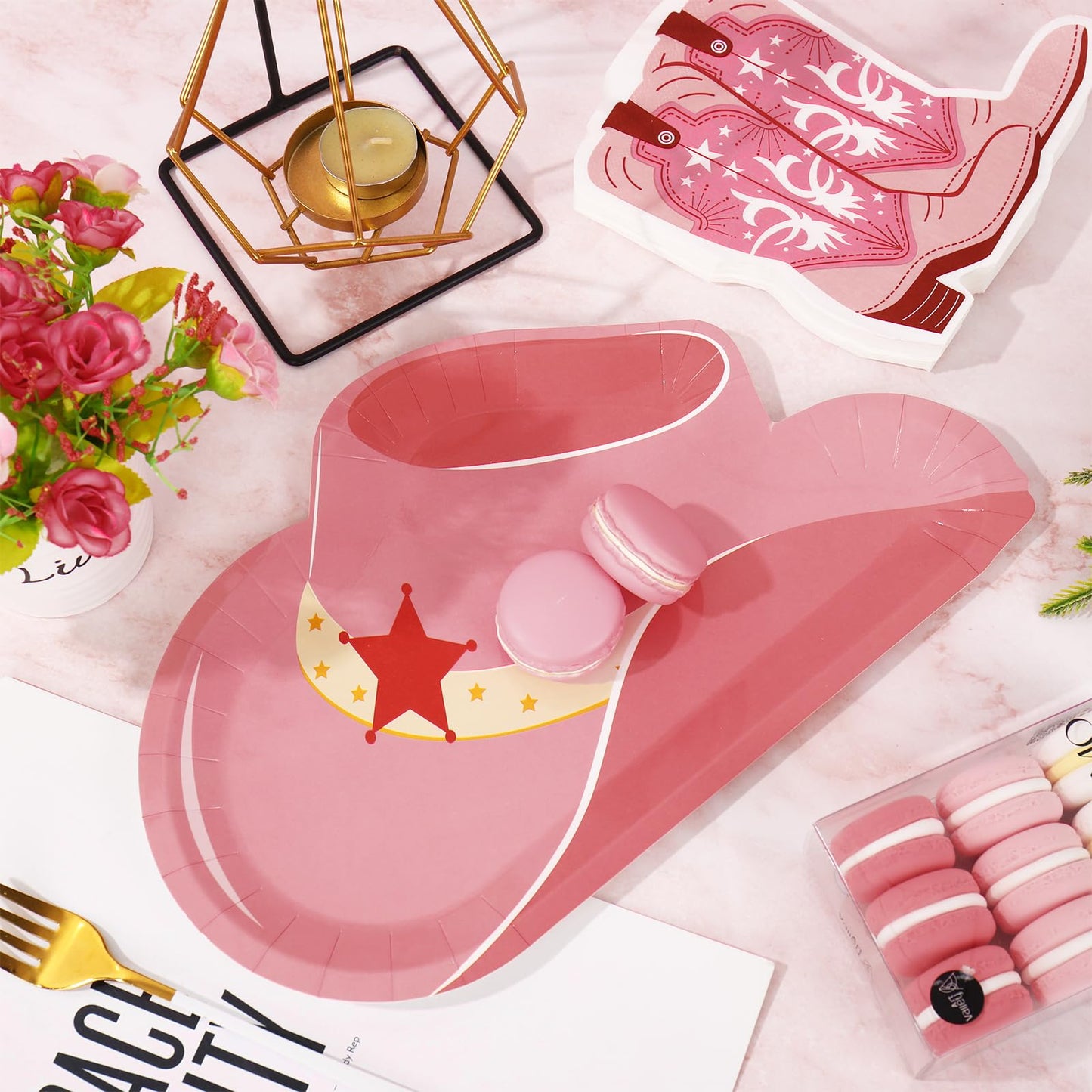 Whaline 90Pcs Pink Western Cowgirl Party Supplies Cowgirl Hat Plates Boot Print Napkins for Birthday Bachelorette Last Rodeo Party, Serves 40