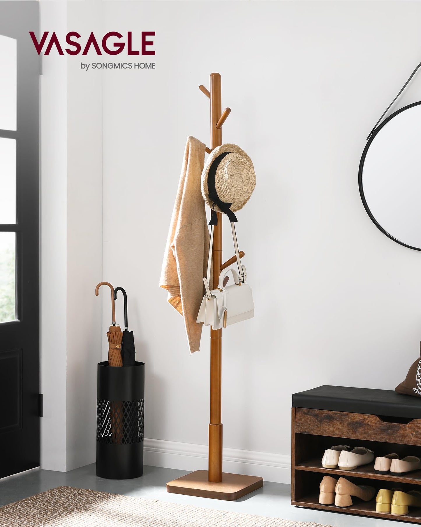 VASAGLE Solid Wood Coat Rack, Free Standing Hall Coat Tree with 8 Hooks, 3 Height Options, for Coats, Hats, Bags, Purses, for Entryway, Hallway, Rubberwood Hooks and Pole, Caramel BrownURCR010W01