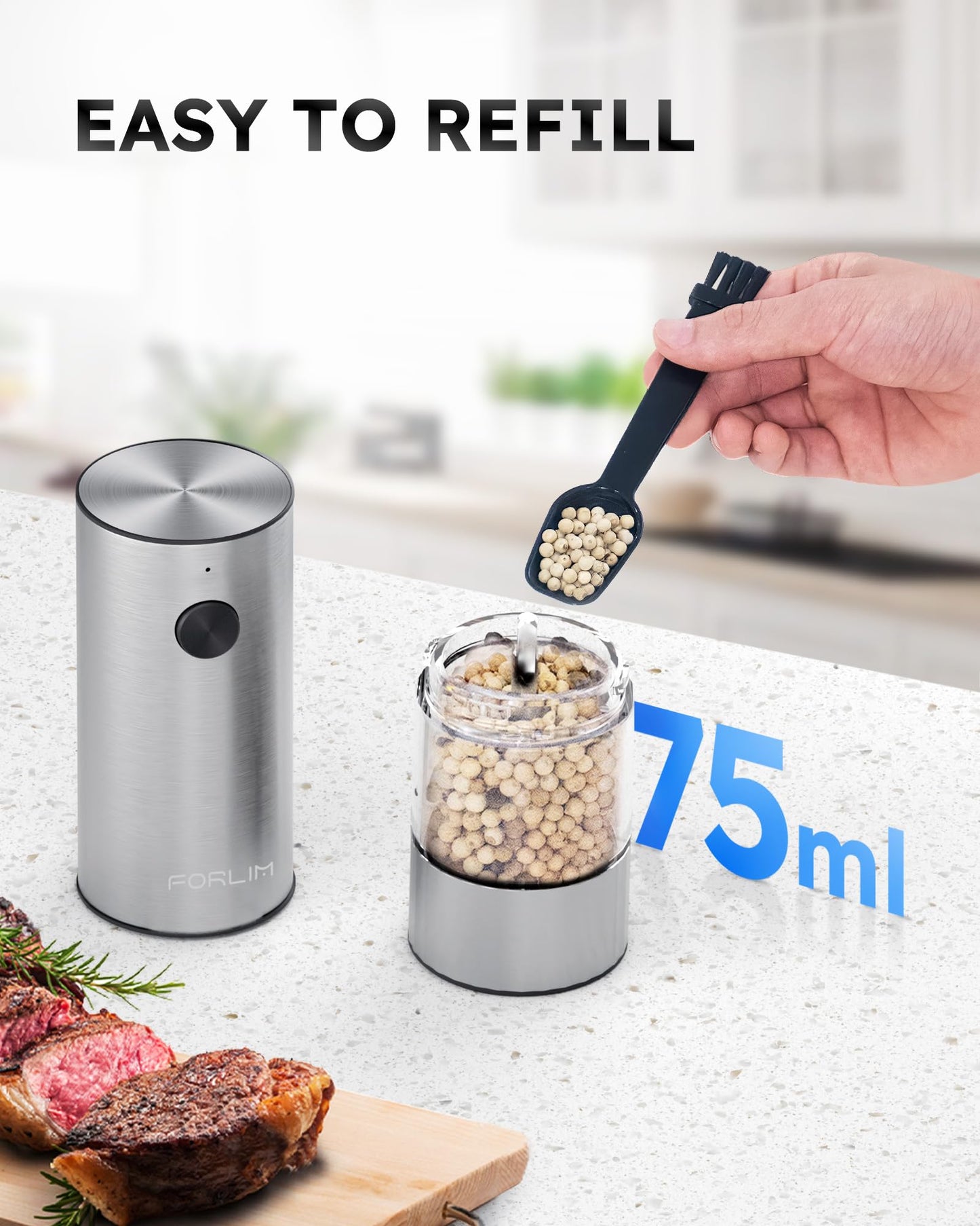 FORLIM Electric Salt and Pepper Grinder Set with USB Rechargeable Base, Upgraded Washable Container and Quieter, Automatic One-Handed Operation with LED, Adjustable Coarseness Pepper Mill Refillable