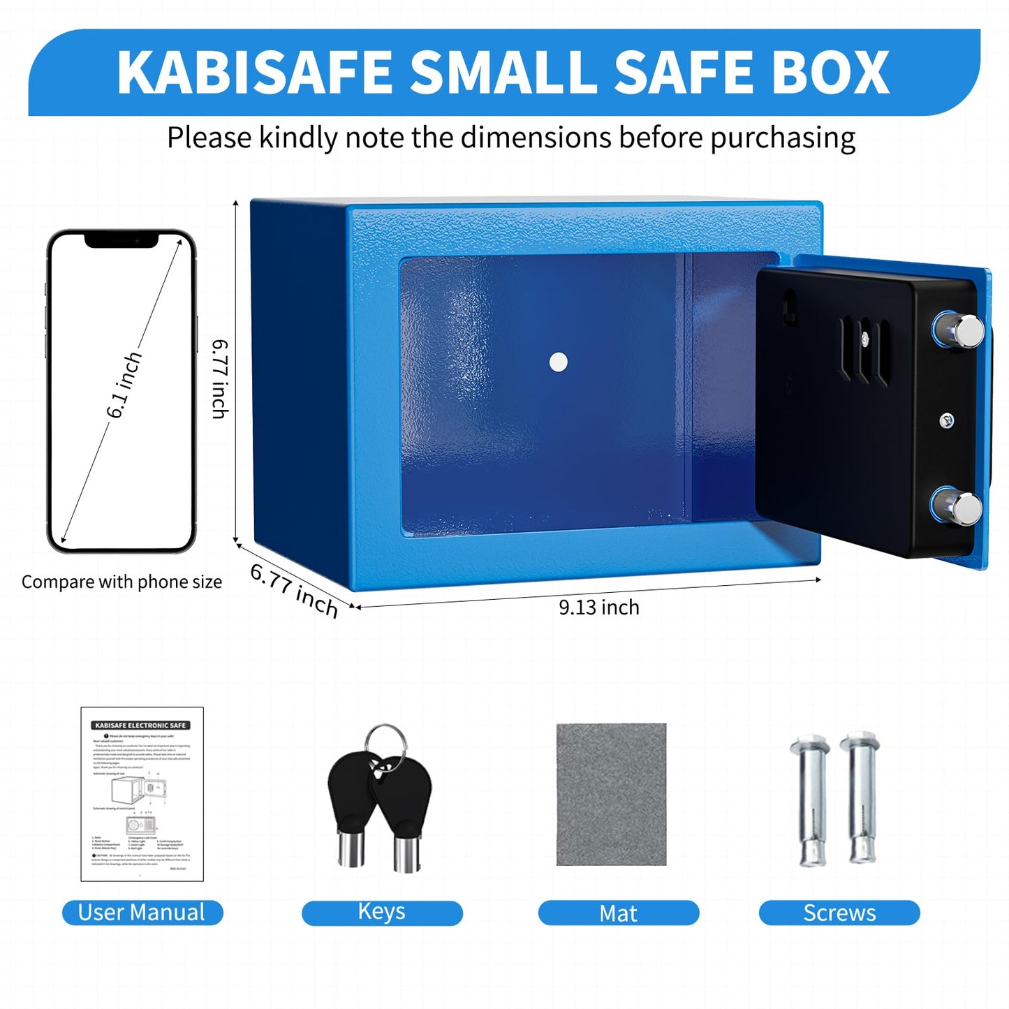 KABISAFE Safe with Digital Security Keypad and Key, 0.5 Cubic Feet Mini Safe, Kid Safe Box, Personal Safe for Home Office Hotel Storage valuables(Blue)