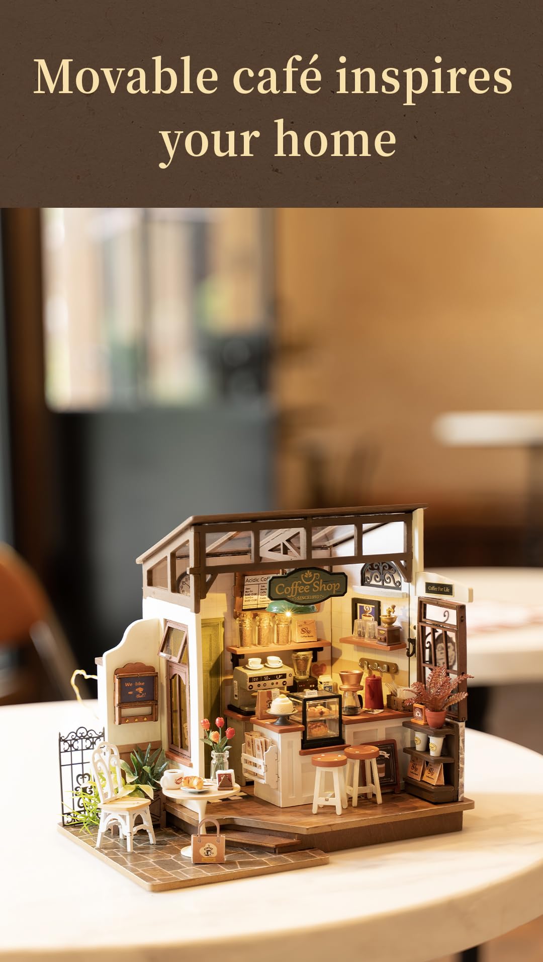 Rowood Miniature House Kit,DIY Miniature Dollhouse Kits for Adults to Build to Live in,Mayberry Street Miniatures,Wooden Adults Craft Kits,Mini Model Kits with LED,Birthday for Teens(NO.17 Cafe)
