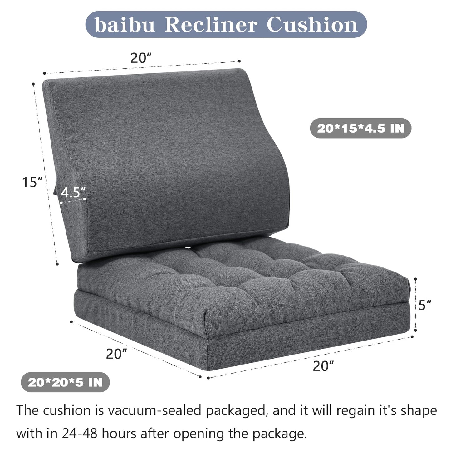 baibu Large Memory Foam Recliner Cushions with Lumbar Support Pillow for Elderly, 20x20x5 Inch Thick Dual-Layer Patent Design Non-Slip Recliner Seat Cushion for Reduce Hip & Lumbar Pain, Dark Grey