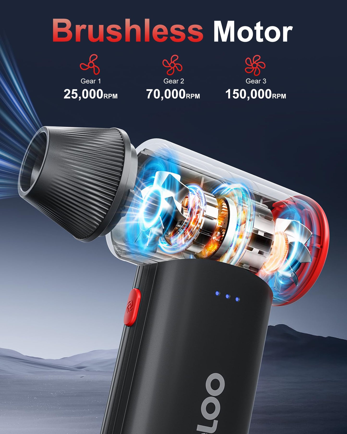 GOOLOO F3 Compressed Air Duster, 150000RPM Electric Air Duster Replaces Compressed Air Cans, 3-Gear Adjustable Mini Blower with Fast Charging, Cordless Dust Blower for PC, Car, Keyboard, House