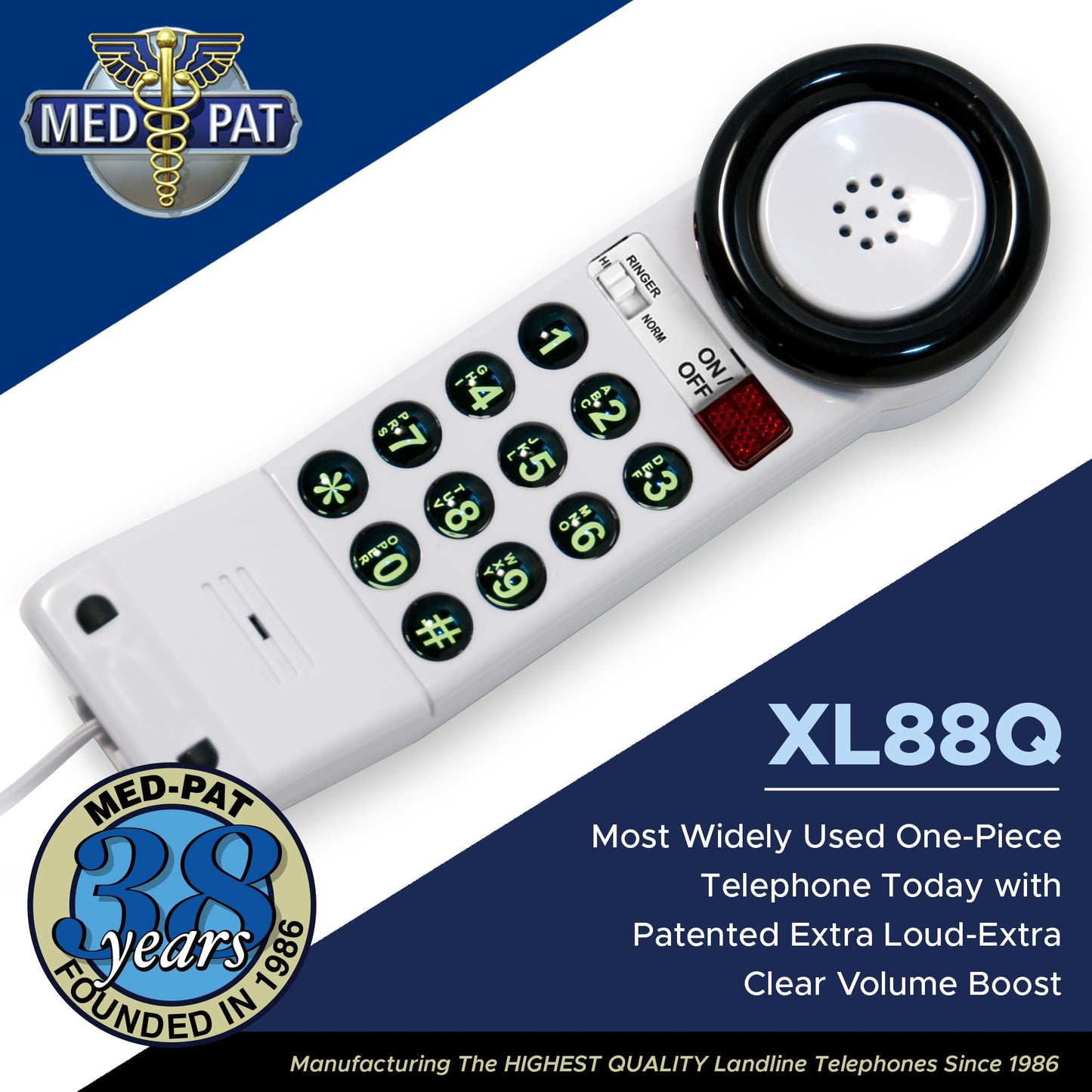 Med-Pat XL88Q - Easy to Use One-Piece Telephone with Ring/in-Use Light Indicator, Extra Loud-Extra Clear Volume Boost, for Busy Settings, Elderly & Teenagers, Corded Landline Telephone, Pack of 1